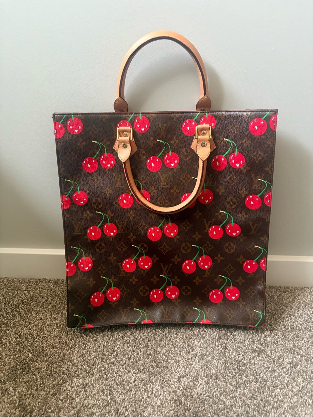 Brown Cherry Print Tote Bag